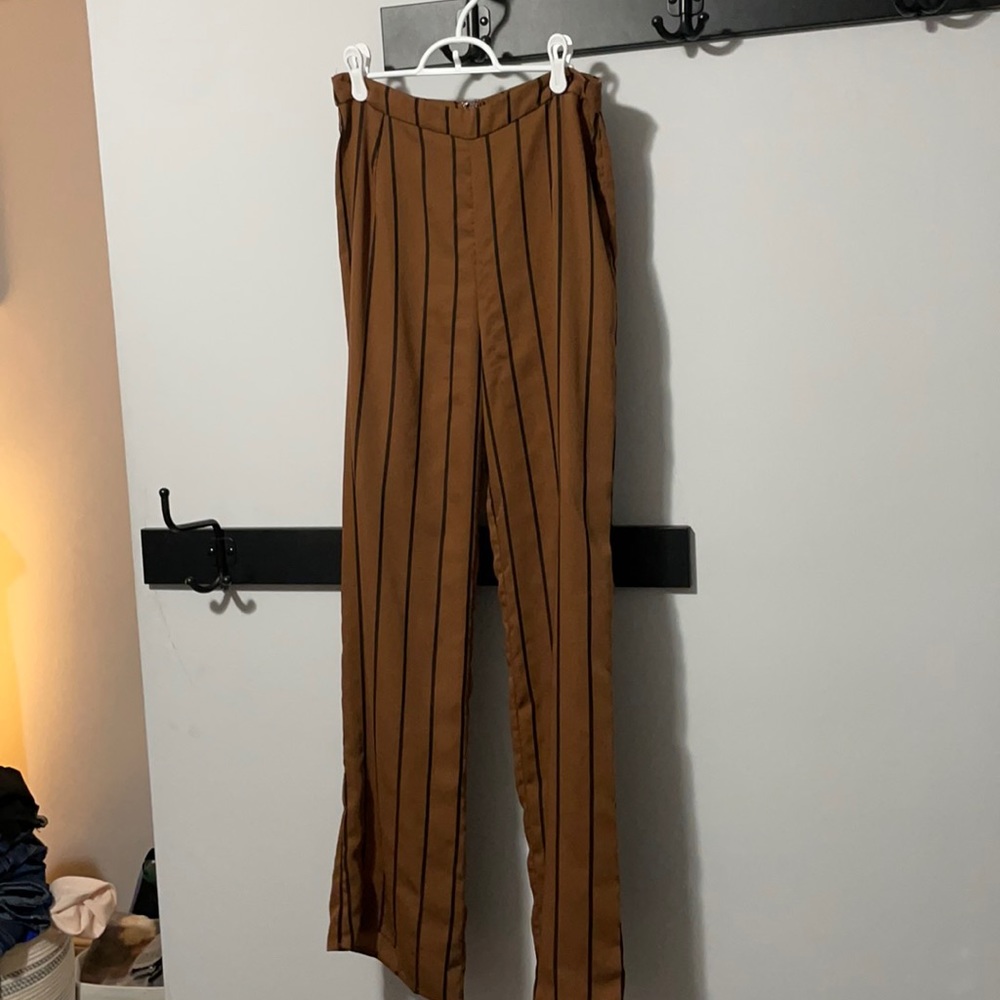 High Waisted Brown/Black Striped Wide Leg Trouser